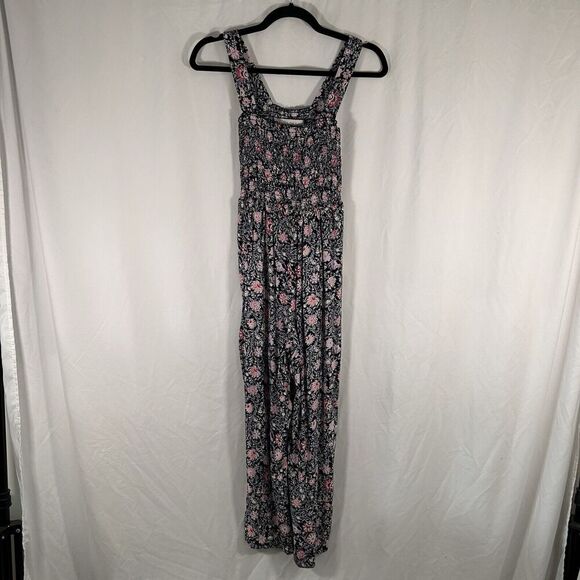 LOFT Jumpsuit Women's XS Black Pink Floral Sleeveless Smocked Top Lightweight - Picture 1 of 9